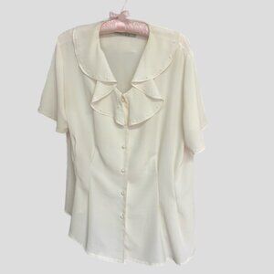 Vintage Susan Bristol Elegant Sheer Ivory Ruffle Collar Short Sleeve Blouse